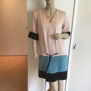 Diane Von Furstenberg DVF Koemi Cream Colorblock Silk Drawstring Waist Dress 6